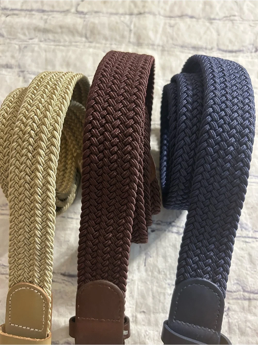 LOT OF (3) VINTAGE MENS STRETCH BELTS NAVY/BROWN/TAN COVERED BUCKLES SIZE LARGE